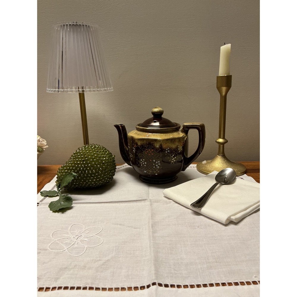 Vintage Japanese Ceramic Teapot Brown Drip Glaze Hand Painted Floral Hexagonal - Picture 3 of 11